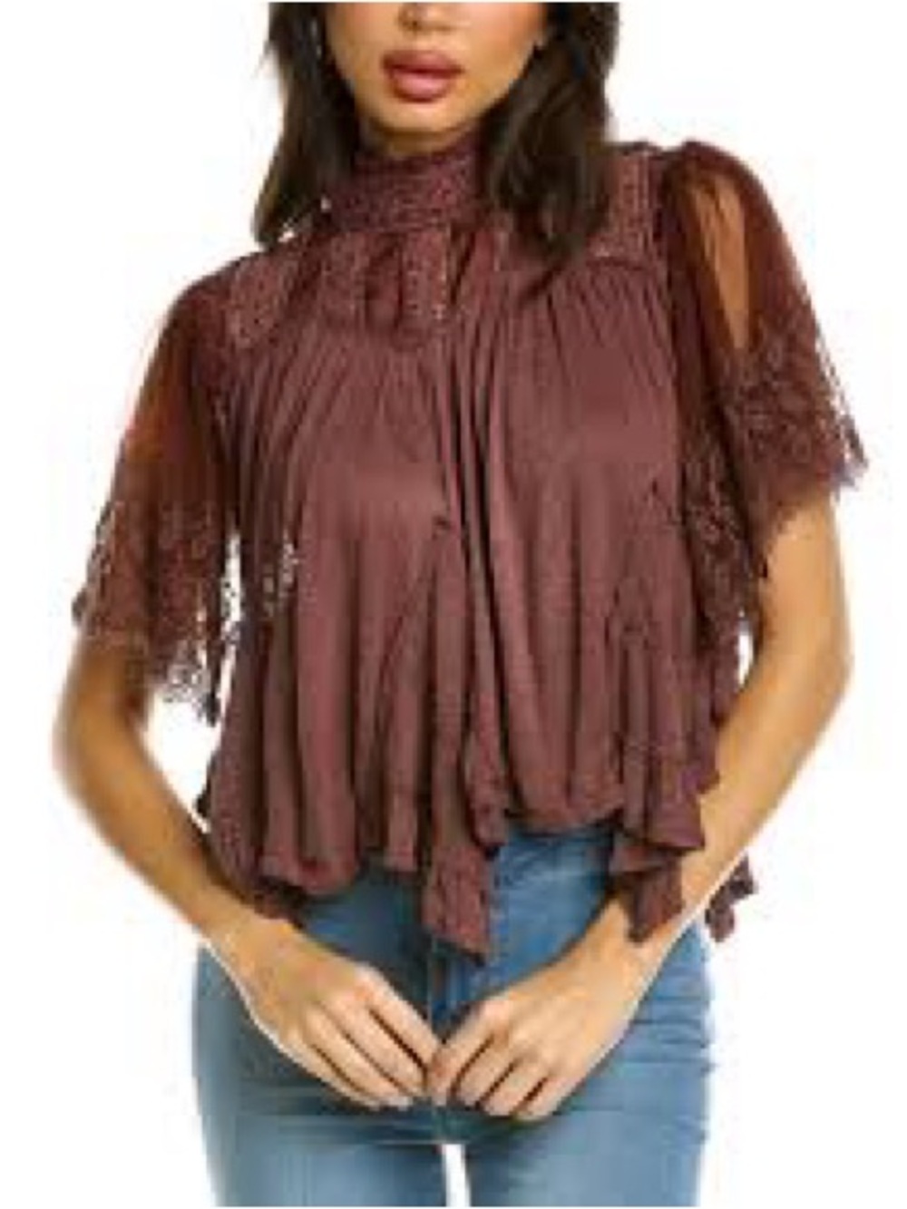 Free People Savannah Top maroon chocolate shade lace tiered handkerchief hem xl
